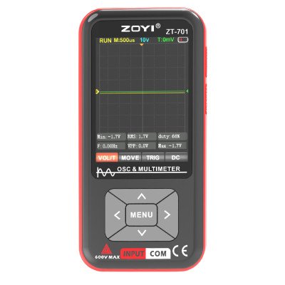 ZOYI ZT-701 digital multimeter with backlit LCD measuring voltage on a circuit