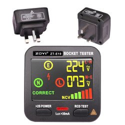 ZOYI E10 mains socket tester with live voltage and wiring display, UK 13A plug and colour LCD voltage display