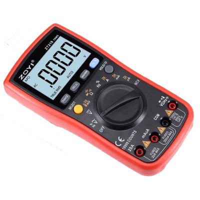 ZT-219 multimeter testing 12V car battery with red and black probes