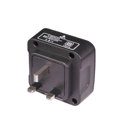 E10 outlet tester showing wiring status LEDs and RCD test button