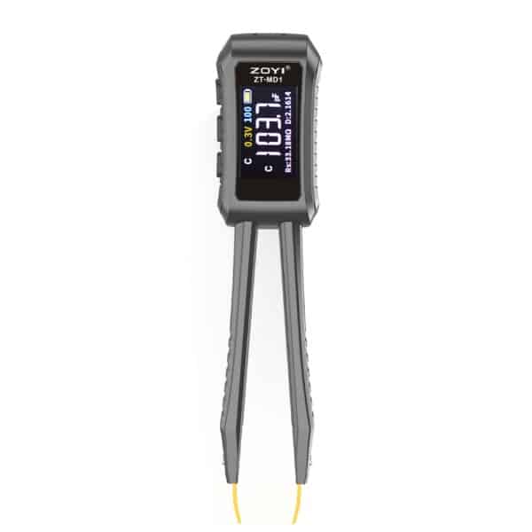 ZOYI ZT-MD1 LCR tweezers measuring SMD resistor on PCB