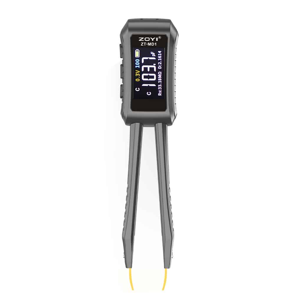 ZOYI ZT-MD1 LCR tweezers measuring SMD resistor on PCB