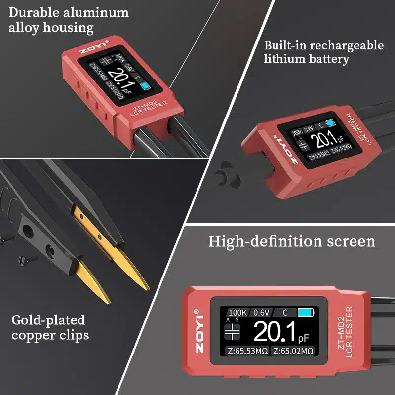ZOYI ZT-MD2 measuring capacitor with read-out showing Cs/Cp values