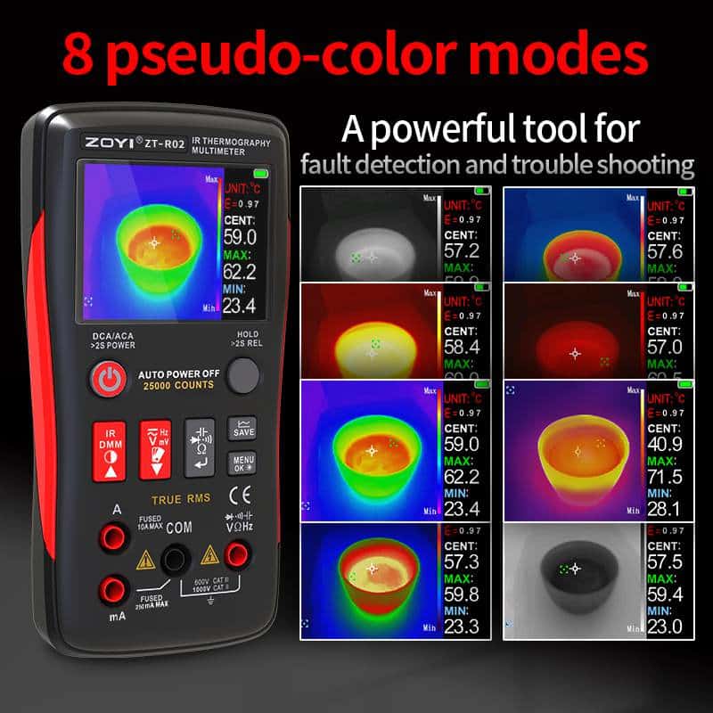 ZOYI ZT-R02 measuring an electrical panel with thermal camera overlay