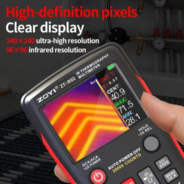 Side profile of ZT-R02 thermal imaging multimeter highlighting compact design
