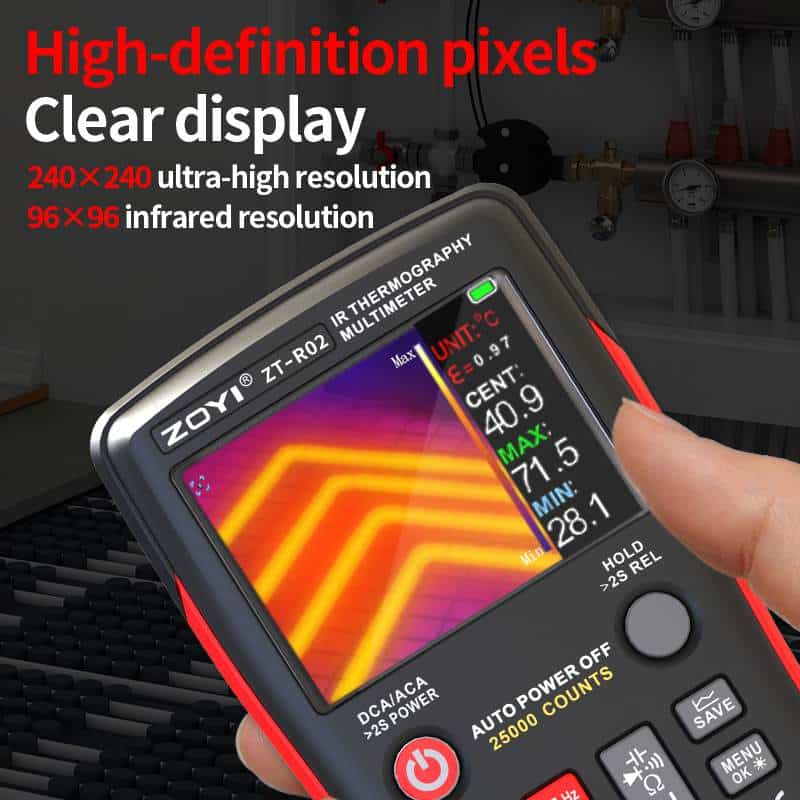Side profile of ZT-R02 thermal imaging multimeter highlighting compact design