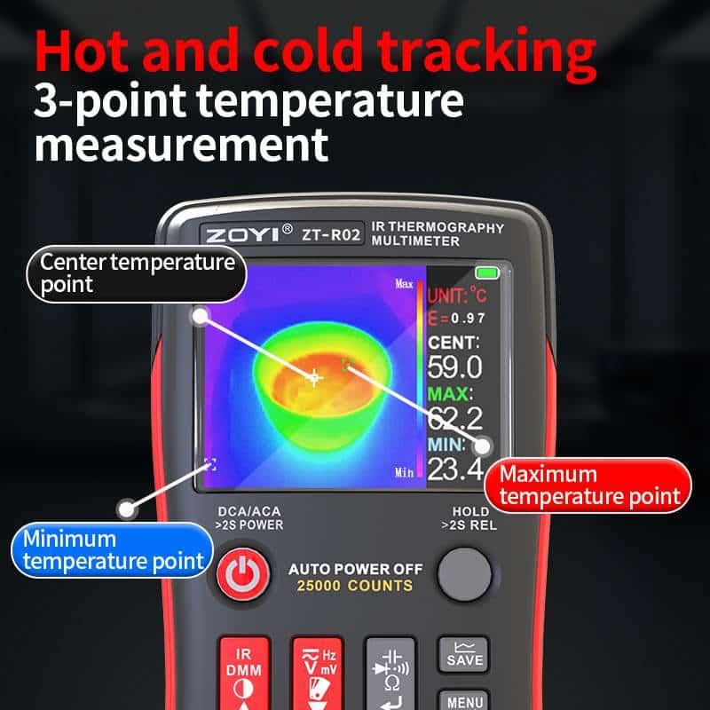 ZOYI ZT-R02 thermal imaging multimeter with test probes and USB-C cable